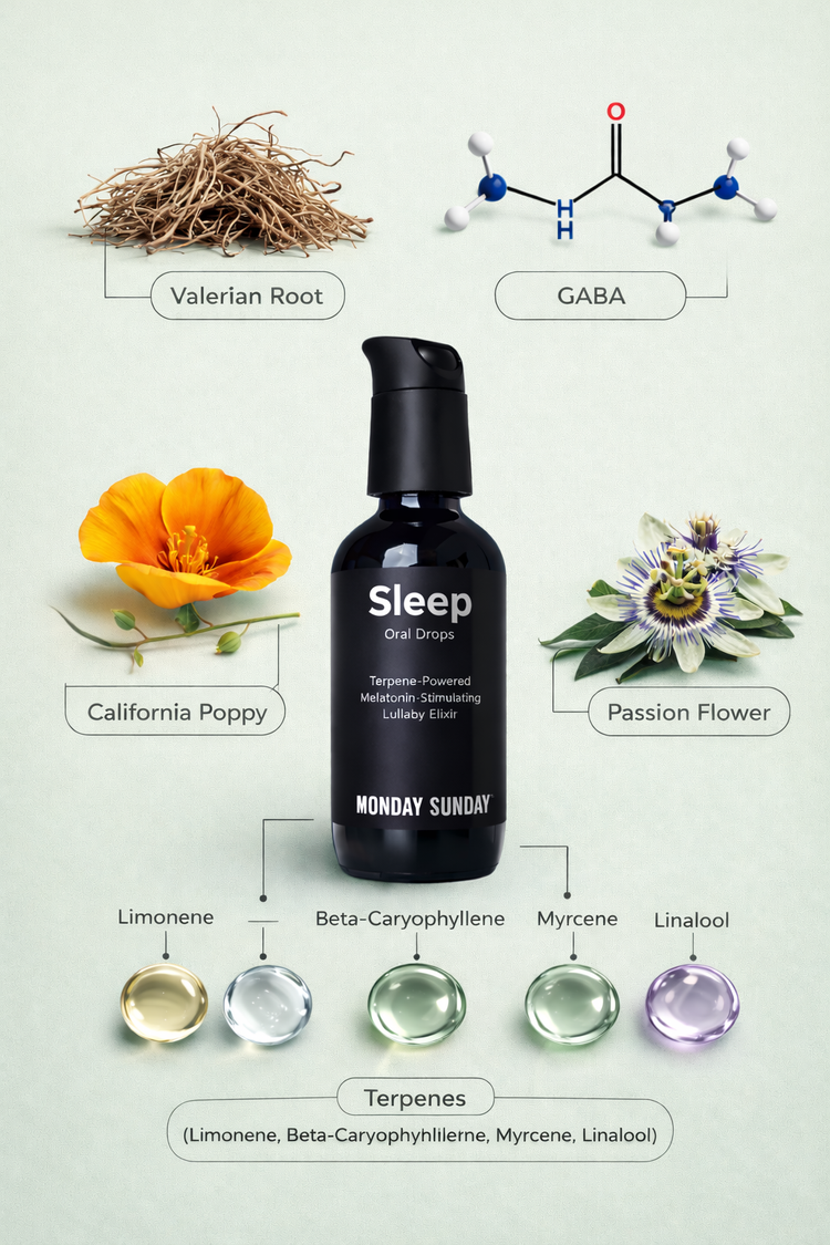 Bottle of 'Sleep' drops by Monday Sunday with botanical elements and chemical structure on a light background