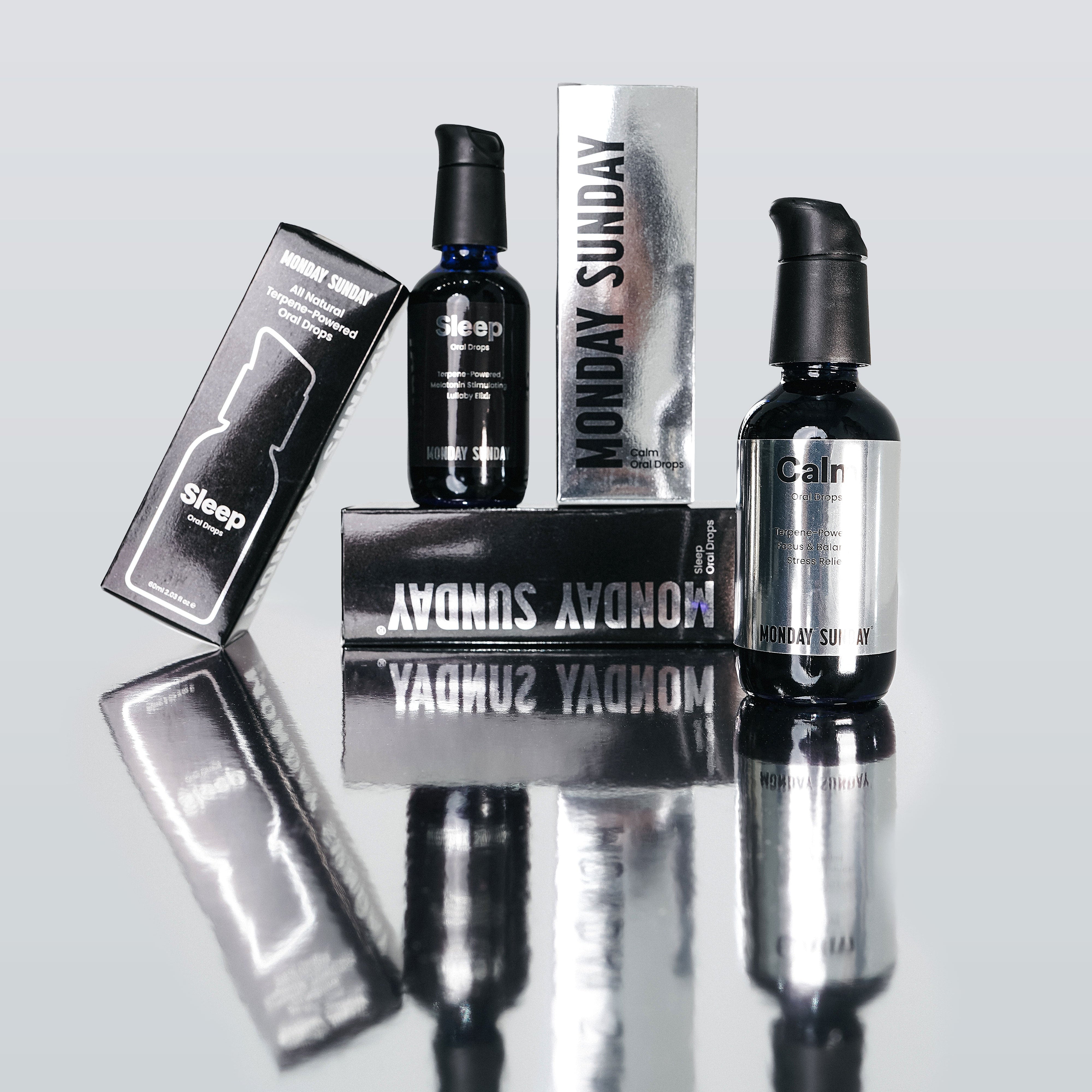 Monday Sunday Naturals Calm + Sleep Duo, natural wellness drops for managing stress, calming the nervous system, and supporting healthy sleep.