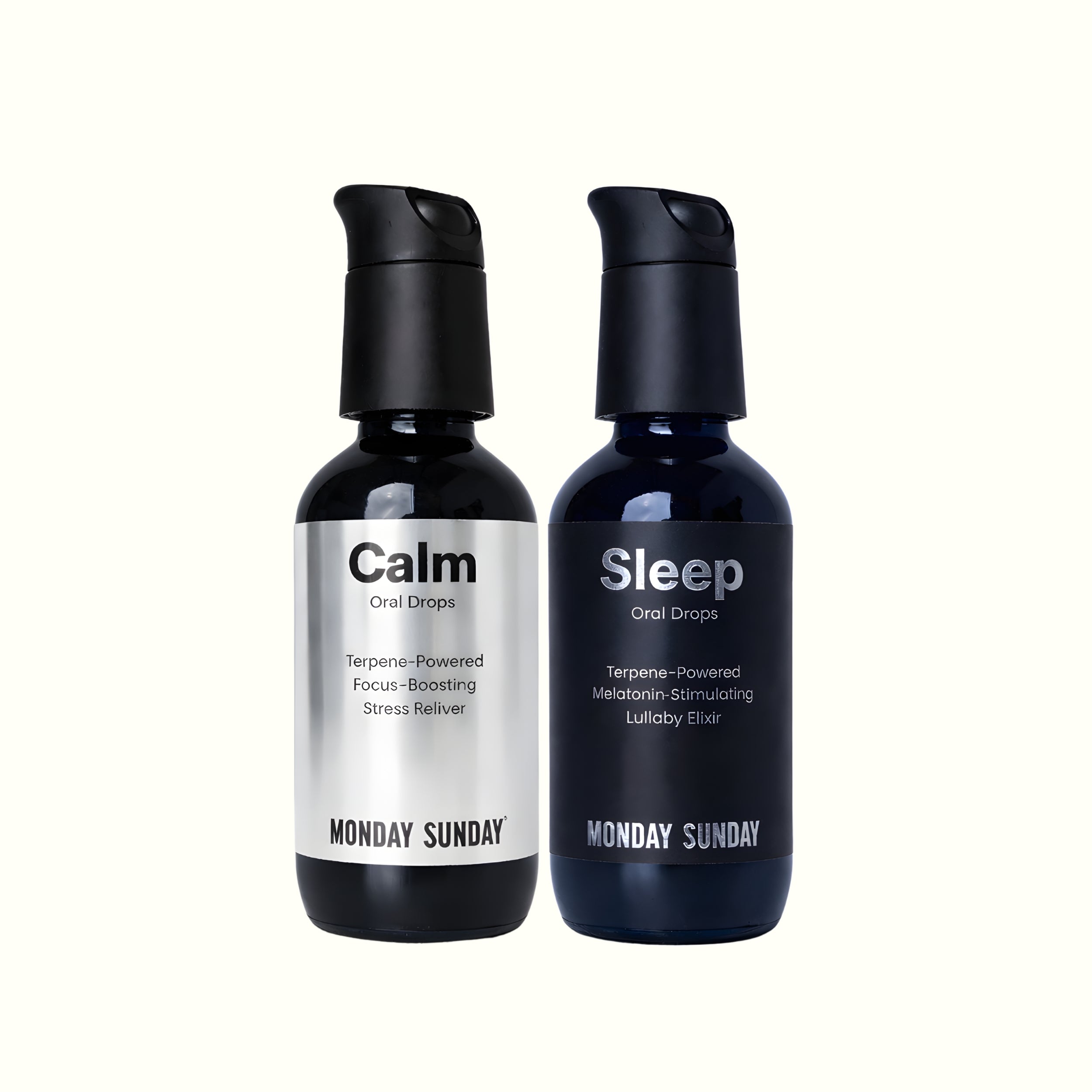 Monday Sunday Naturals Calm and Sleep Oral Drops Duo, natural herbal drops designed to support stress relief during the day and restful sleep at night.
