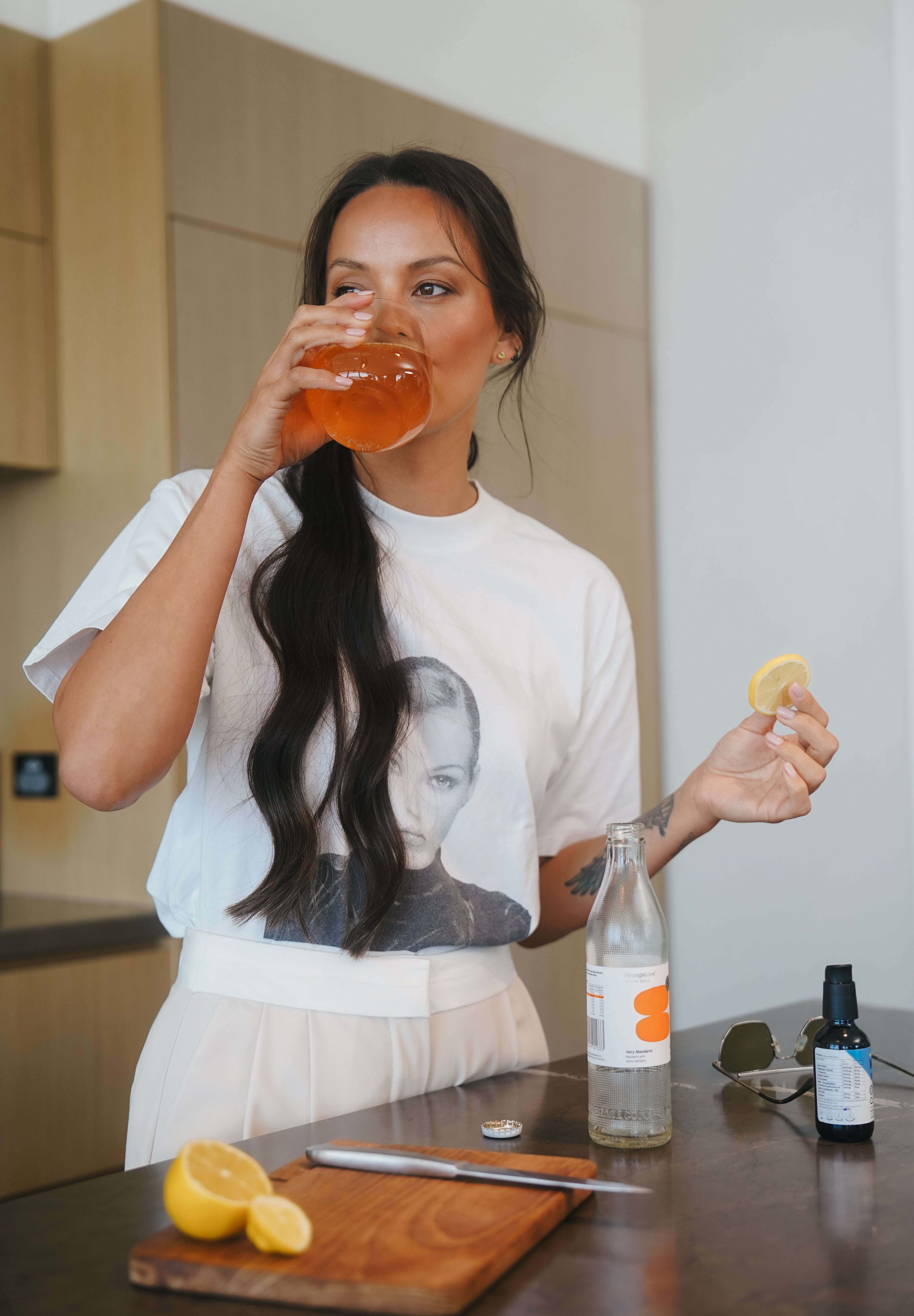 MONDAYSUNDAY Calm Oral Drops added to herbal juice as part of a calming daily routine