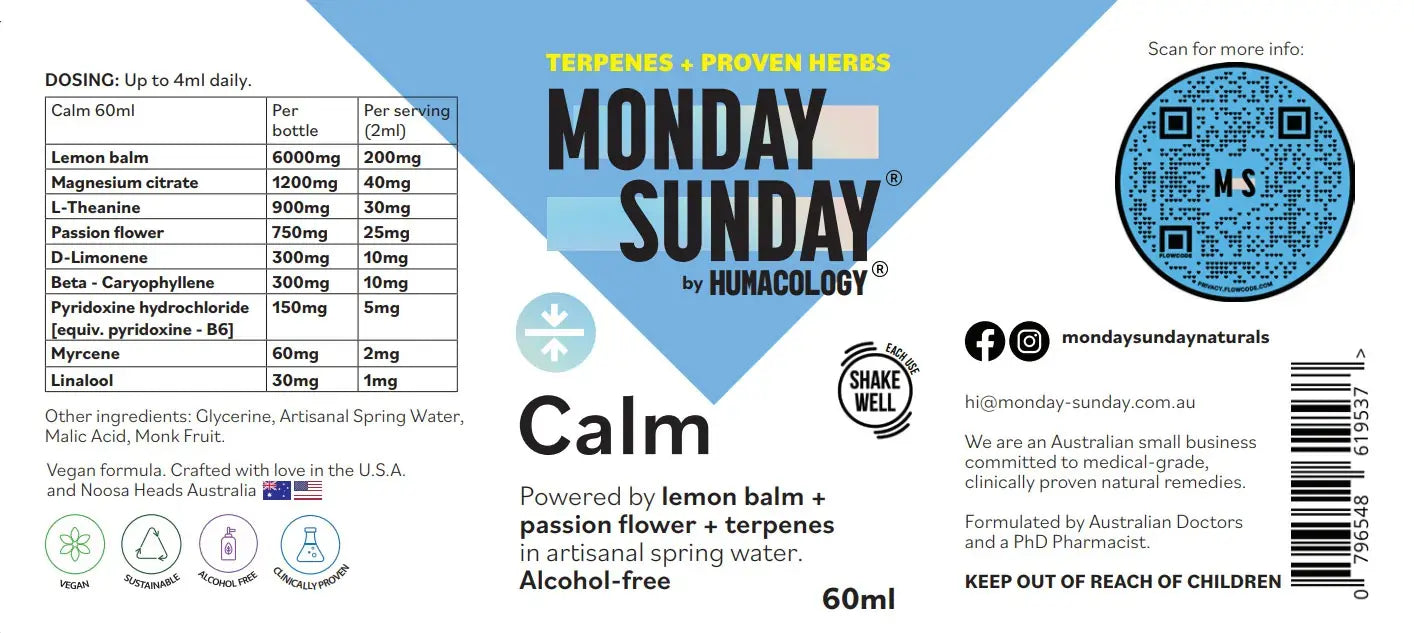 MONDAYSUNDAY Calm Oral Drops — a botanical herbal blend to support relaxation as part of a daily wellness routine.
