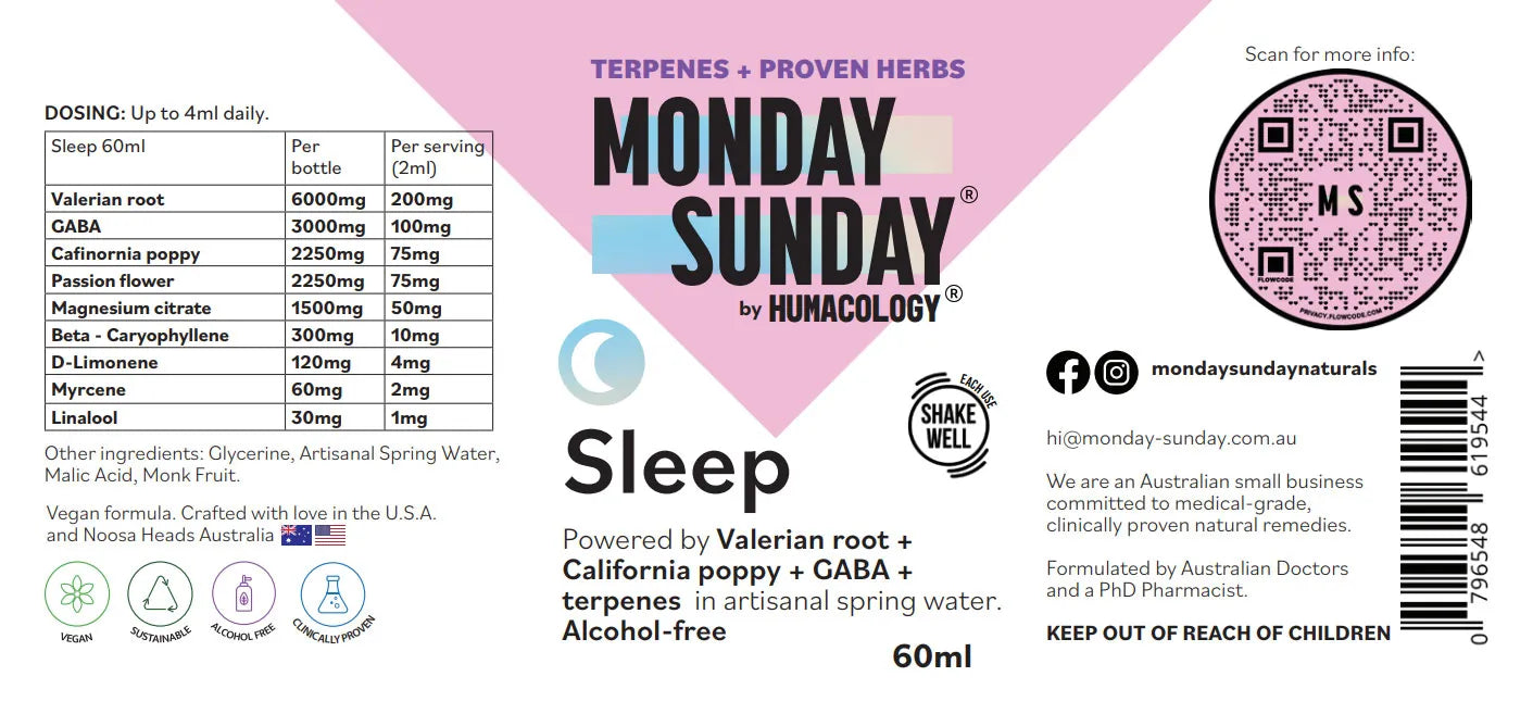 MONDAYSUNDAY Sleep Oral Drops with natural herbal ingredients — an alcohol-free herbal blend designed to support restful sleep and relaxation as part of your evening wellness routine.