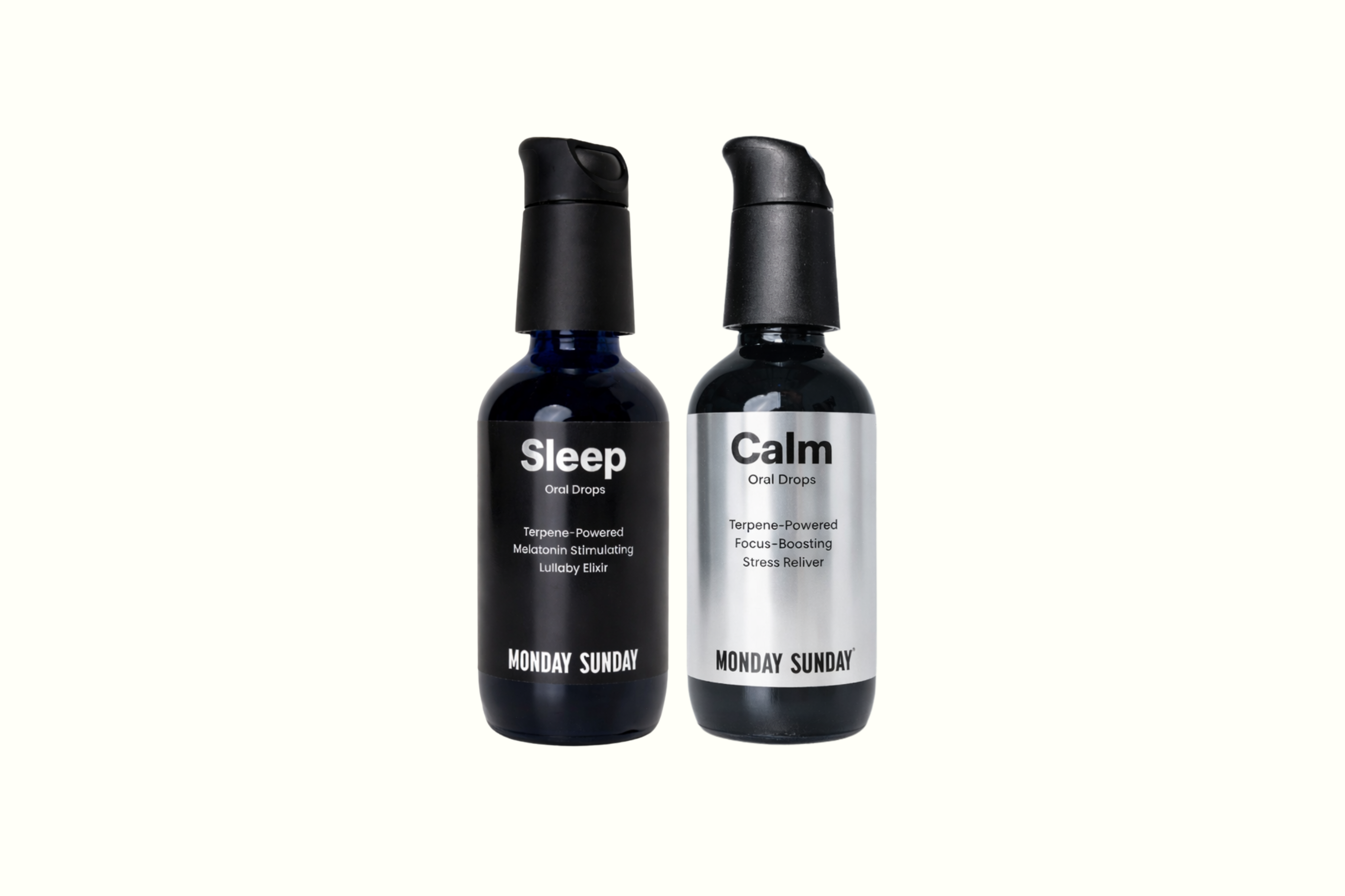 MONDAYSUNDAY Calm and Sleep Oral Drops bundle featuring two terpene-powered botanical supplements